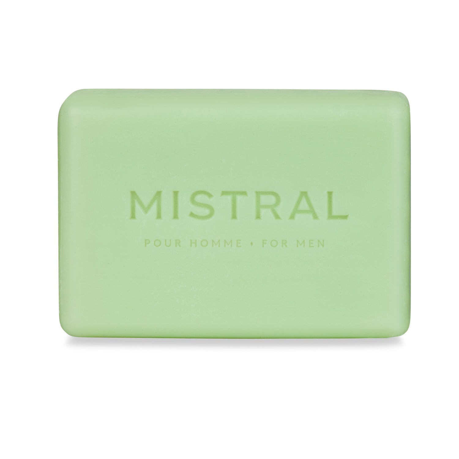 Rectangular light green bar of soap with Mistral Pour Homme For Men embossed on the front