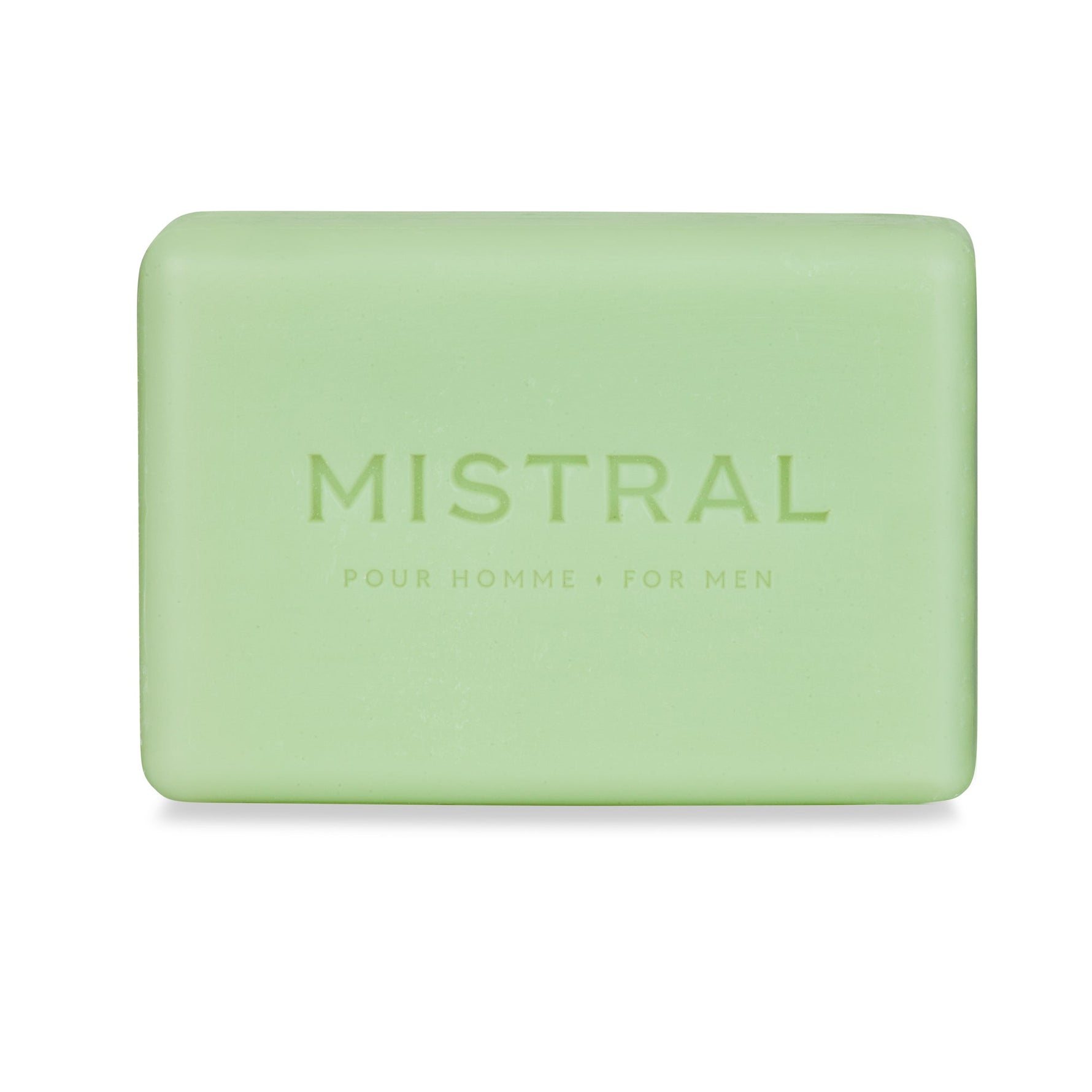 Rectangular light green bar of soap with Mistral Pour Homme For Men embossed on the front