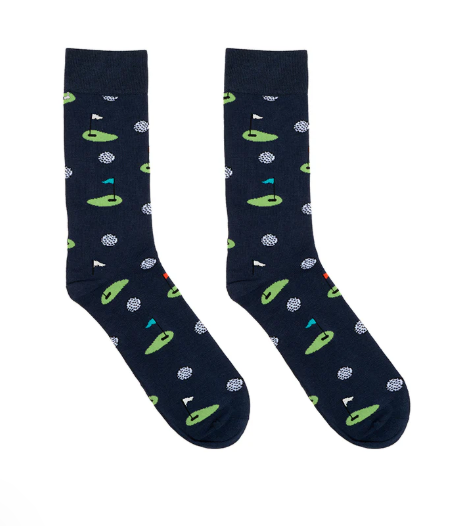 Navy blue crew socks with a repeating pattern of golf balls and putting greens
