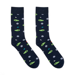 Navy blue crew socks with a repeating pattern of golf greens and golf balls