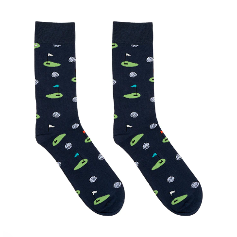 Navy blue crew socks with a repeating pattern of golf greens and golf balls