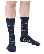Navy blue socks with a repeating pattern of golf balls and putting greens