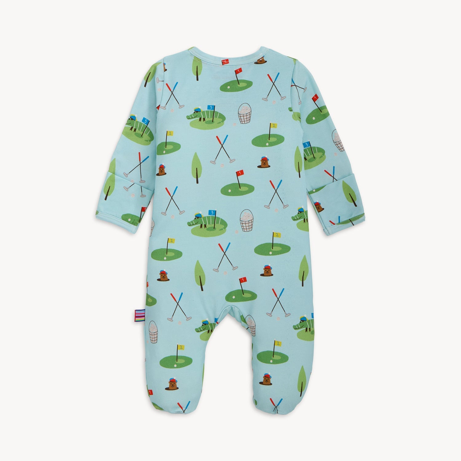 Light blue baby romper featuring a playful cartoon golf course pattern with green putting greens, colorful flags, crossed golf clubs, and whimsical alligators and gophers wearing golf hats