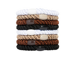 Product photography showing a vertical stack of L Erickson elastic braided hair ties in white tan brown and black with branded oval plastic beads