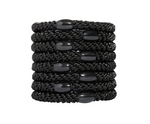L. Erickson product image featuring a stack of seven black textured hair ties each with an oval black bead embossed with the L. ERICKSON brand name