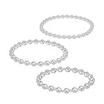 Three distinct sterling silver beaded bracelets with a highly polished finish arranged diagonally on a clean white background