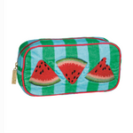 Mudpie terrycloth cosmetic bag featuring turquoise and green vertical stripes with three embroidered red watermelon slices, one with a bite taken out, and a bright pink zipper trim