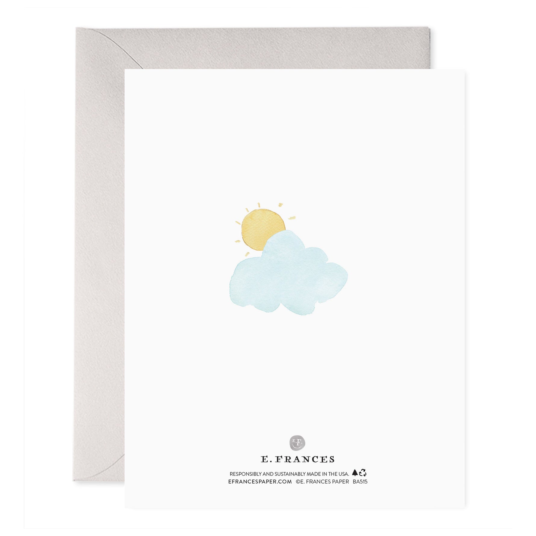Greeting card with a watercolor sun and cloud illustration and E Frances logo