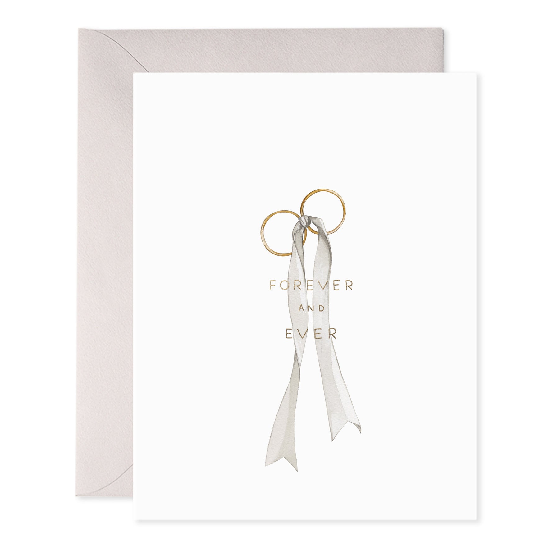 Greeting card with two gold rings tied with a white ribbon and the text Forever and Ever