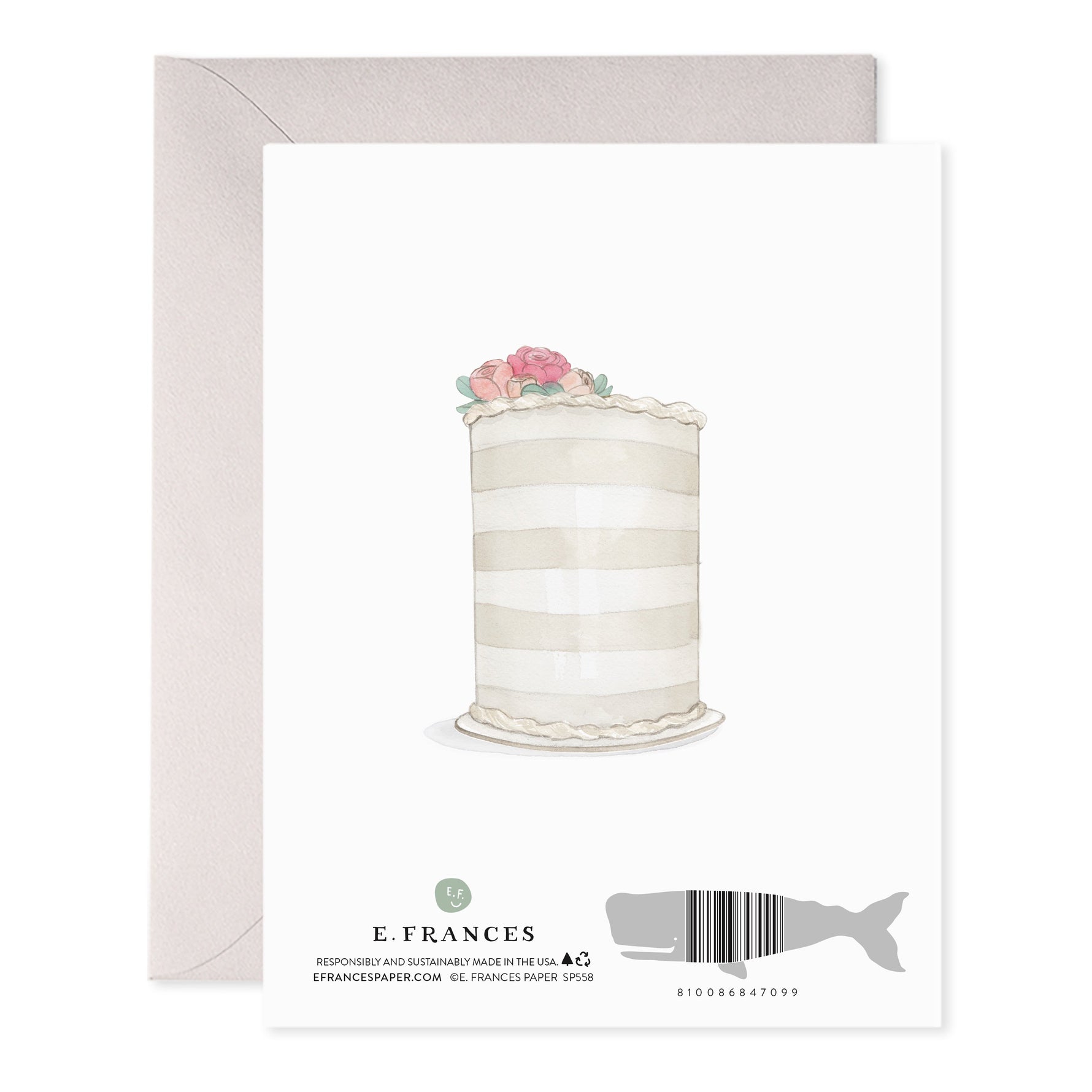 Back of greeting card featuring a watercolor illustration of a striped cake topped with pink roses