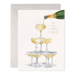 Watercolor illustration of a champagne tower being filled with text reading To The Happy Couple