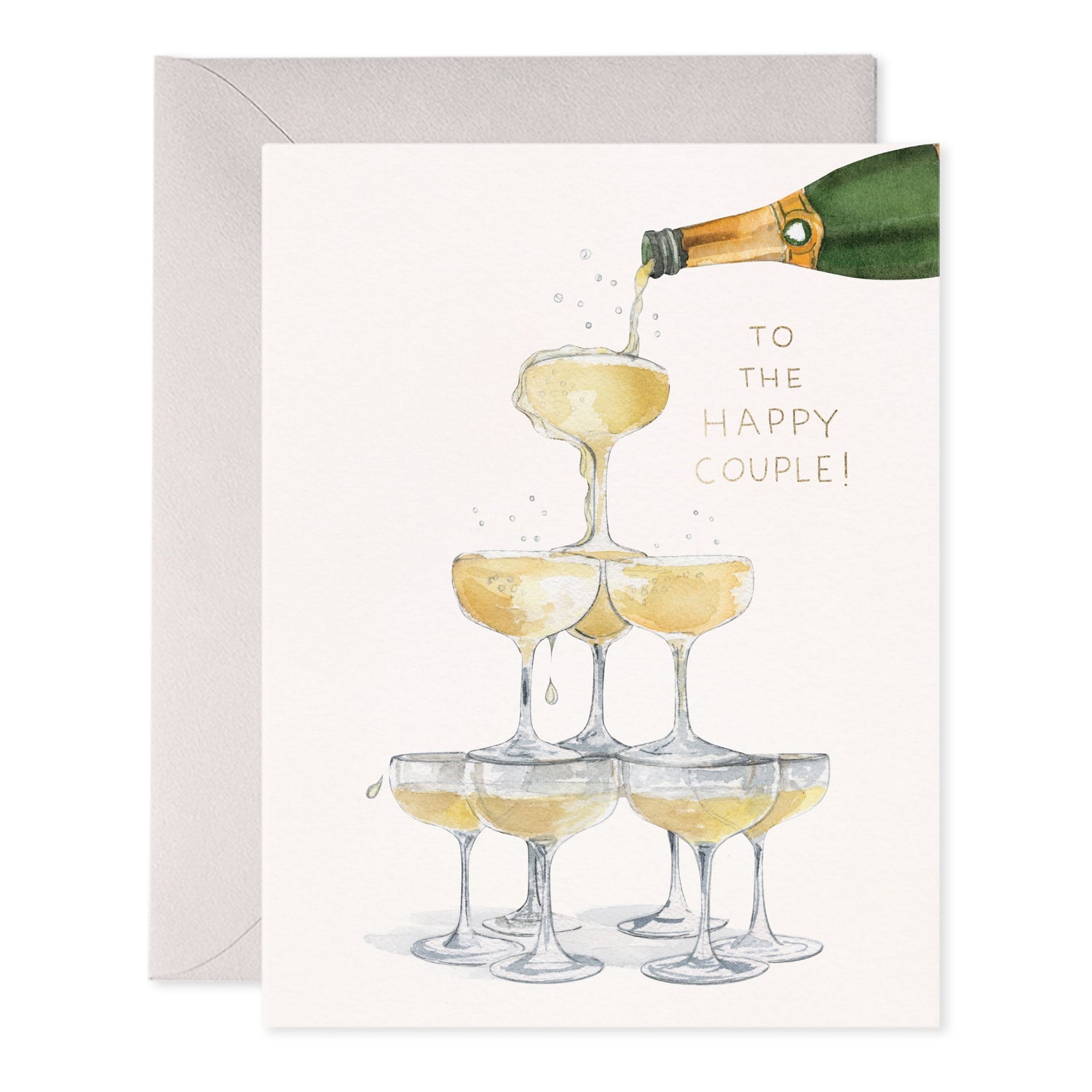 Watercolor illustration of a champagne tower being filled with text reading To The Happy Couple