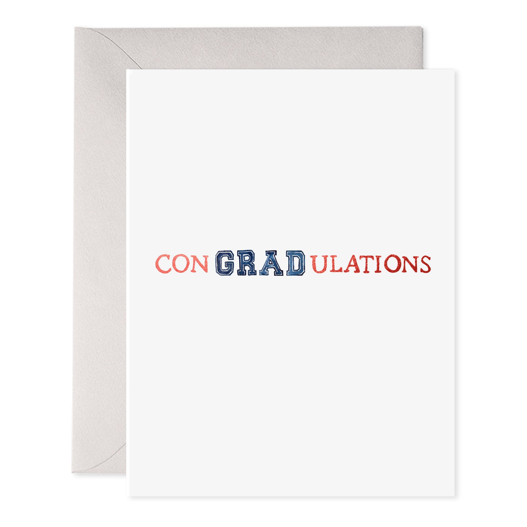 White greeting card with the text CON GRAD ULATIONS in red and blue varsity style lettering