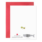 Back of greeting card with two olives and E Frances Paper logo