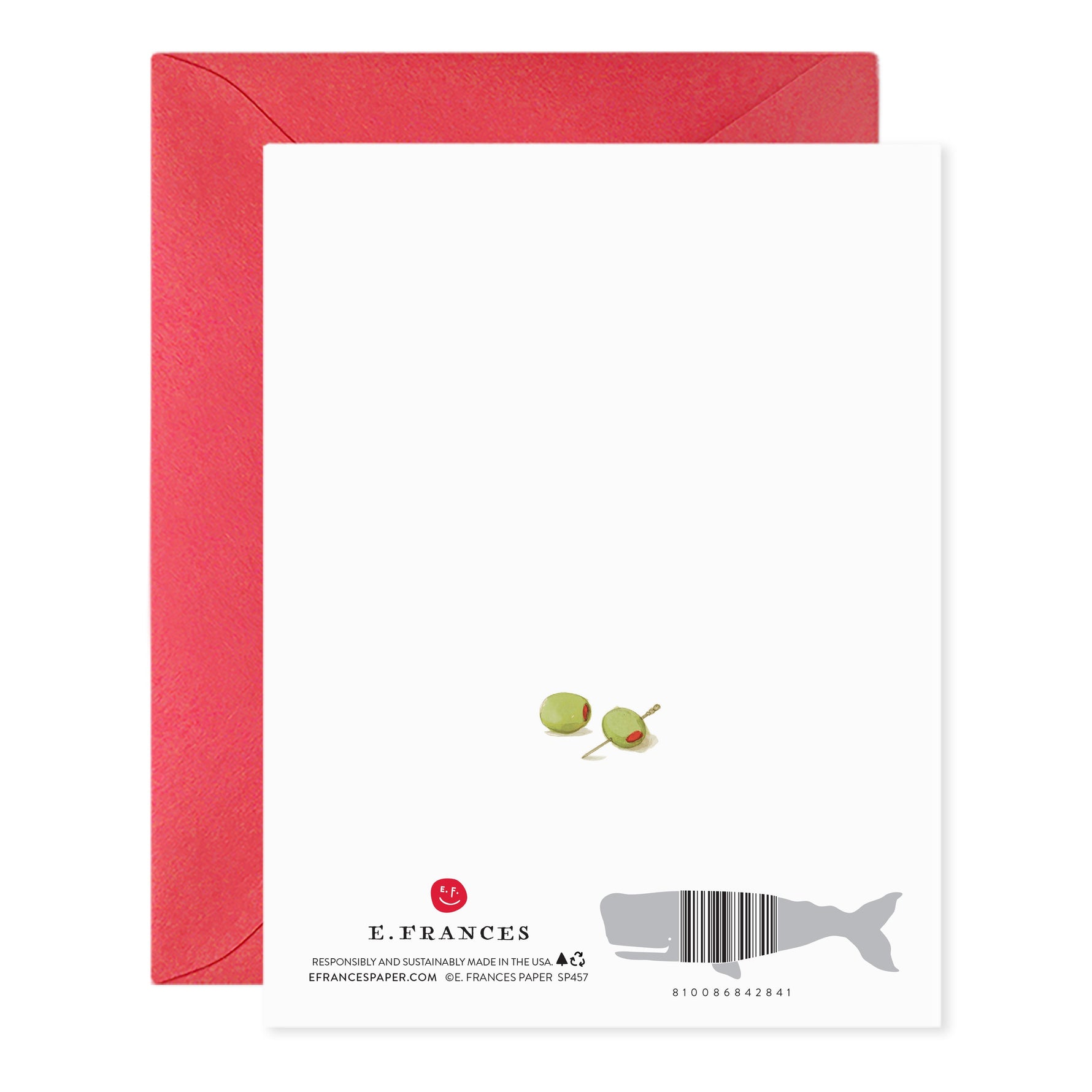 Back of greeting card with two olives and E Frances Paper logo