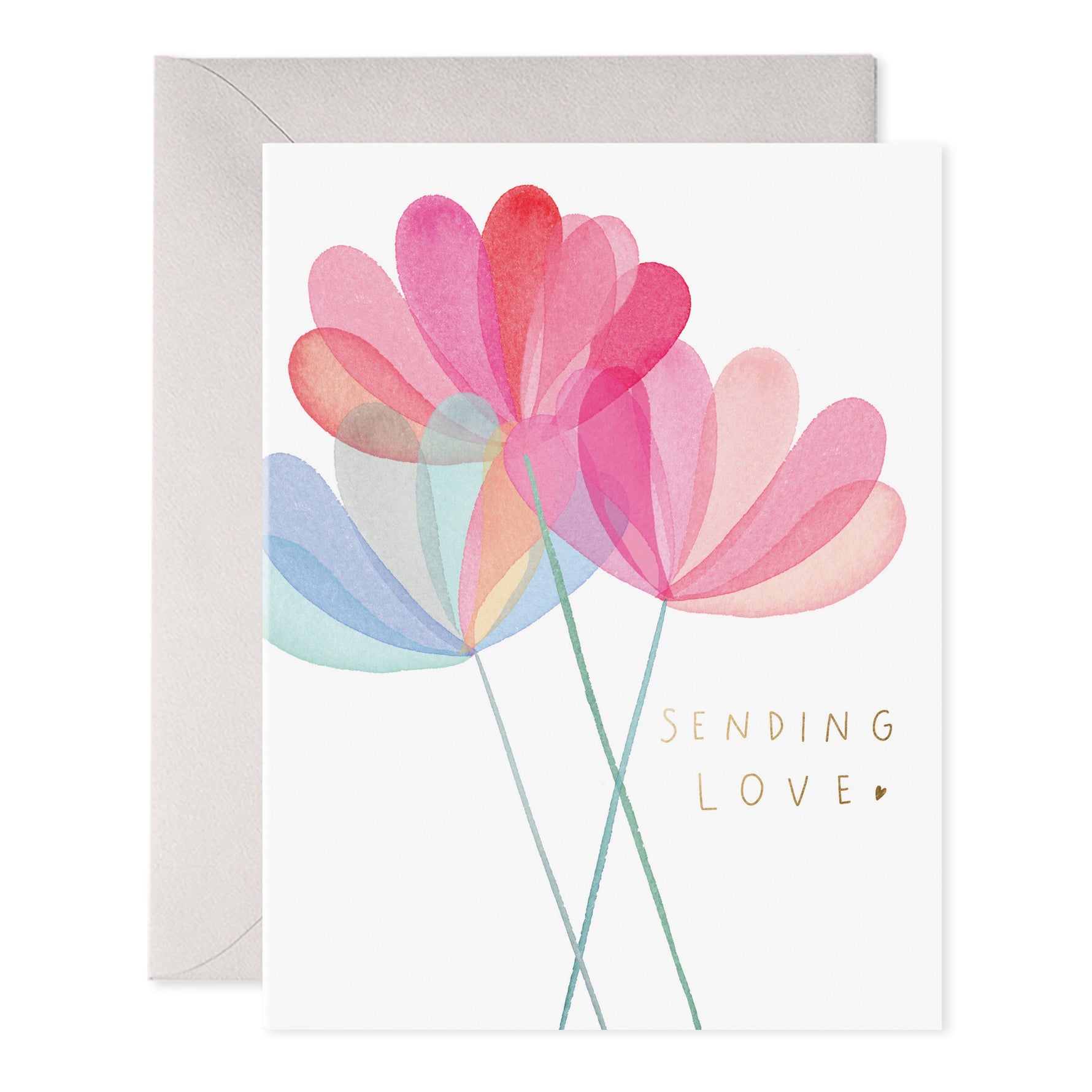 Greeting card with watercolor flowers and gold text reading Sending Love