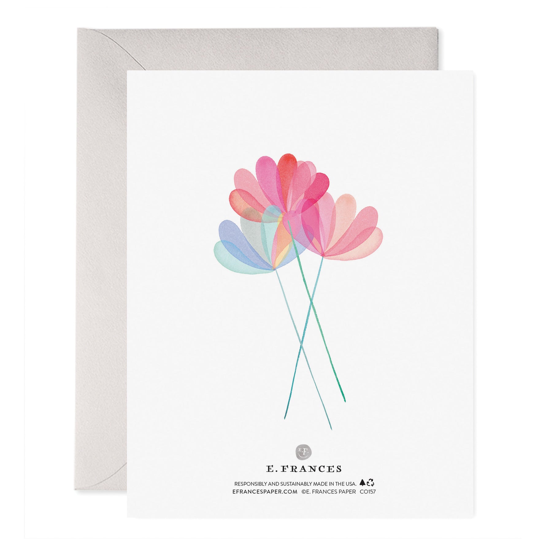 Watercolor illustration of three translucent flowers with pink blue and orange petals on a white greeting card