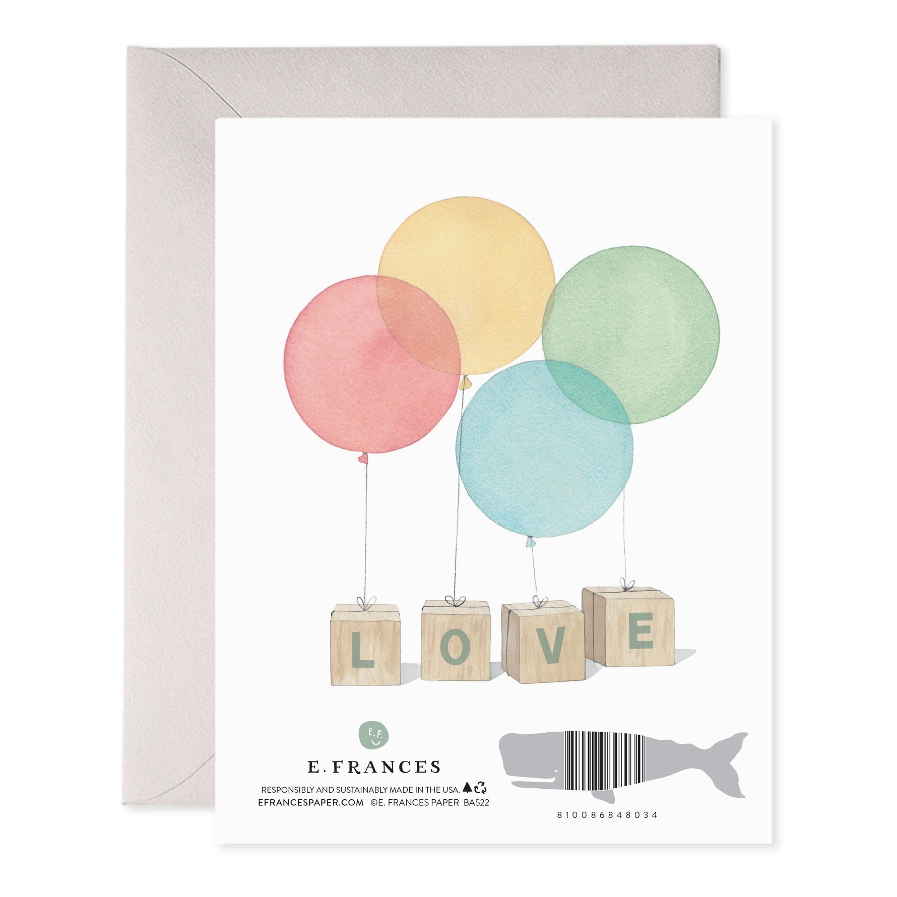 Greeting card with watercolor balloons tied to wooden blocks spelling love