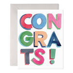 Greeting card with colorful layered watercolor letters spelling out CONGRATS with an exclamation point