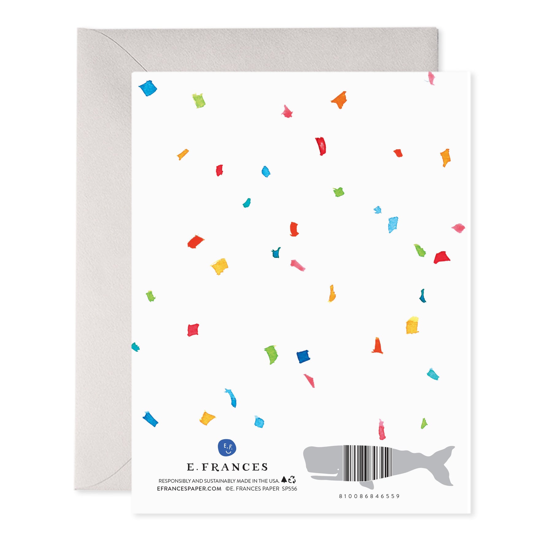 Back of greeting card with colorful confetti pattern and whale shaped barcode
