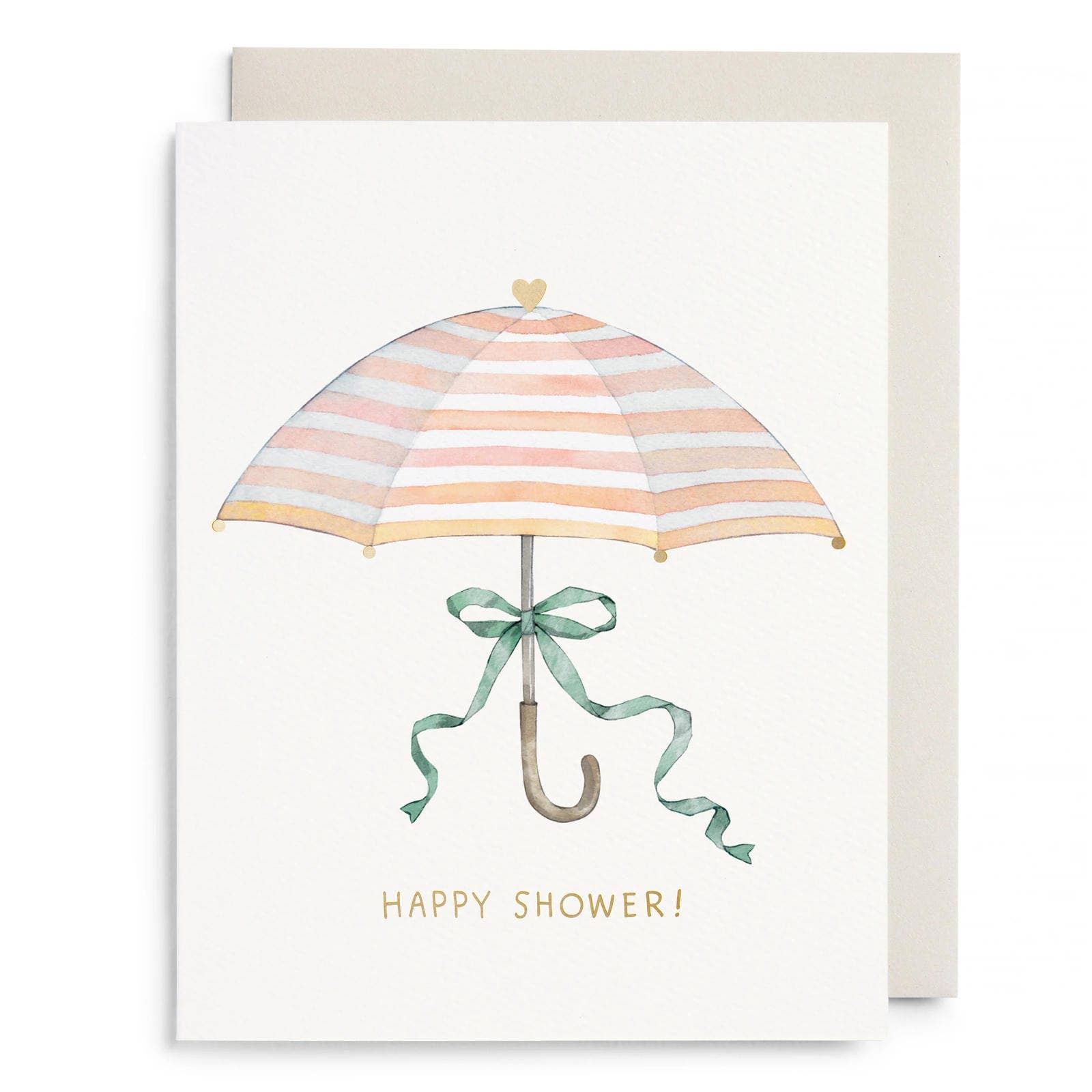 Watercolor greeting card with a striped umbrella tied with a green ribbon and the text Happy Shower