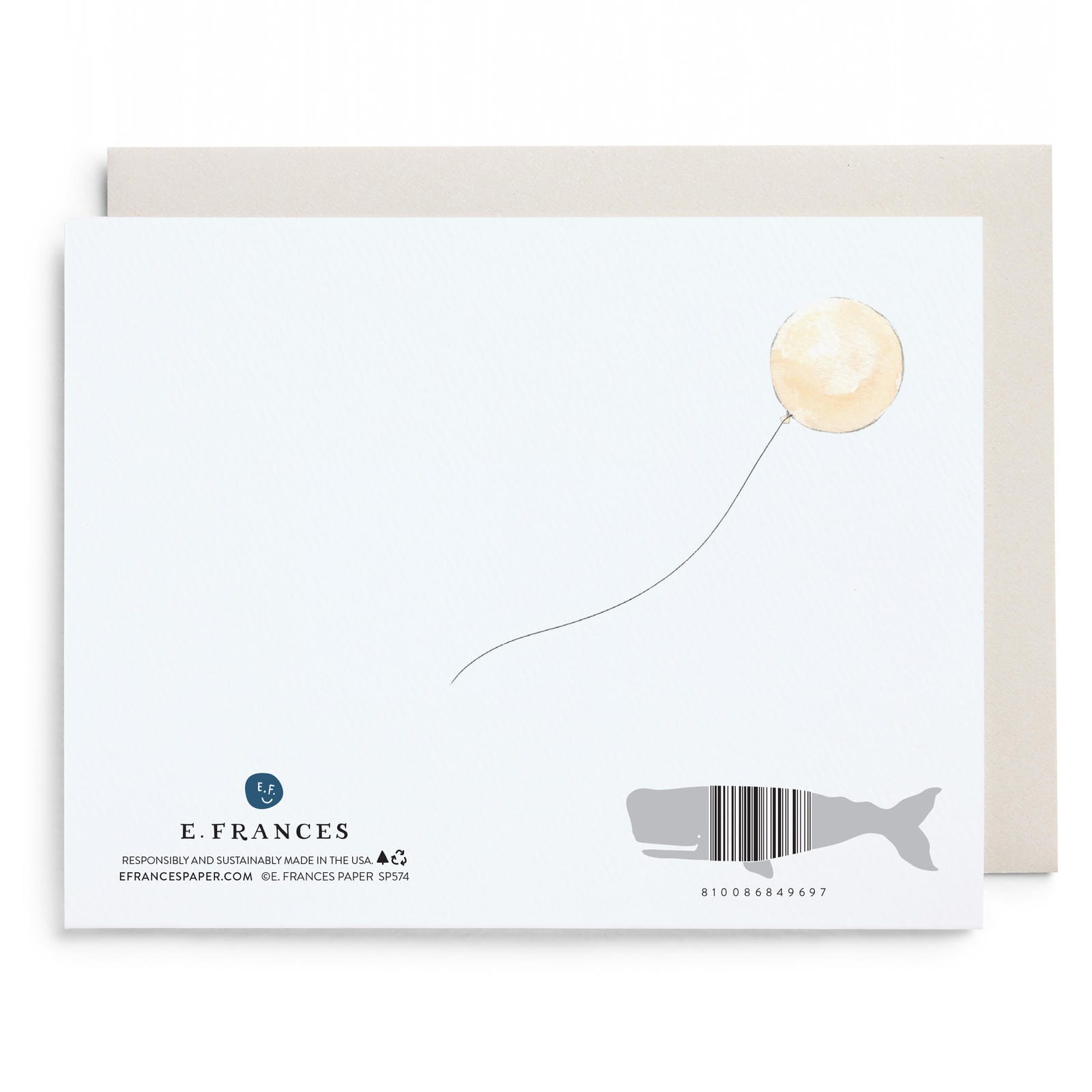 Back of greeting card with a watercolor balloon illustration and a whale shaped barcode