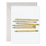 Greeting card with six yellow pencils on lined paper reading Teachers are amazing thank you