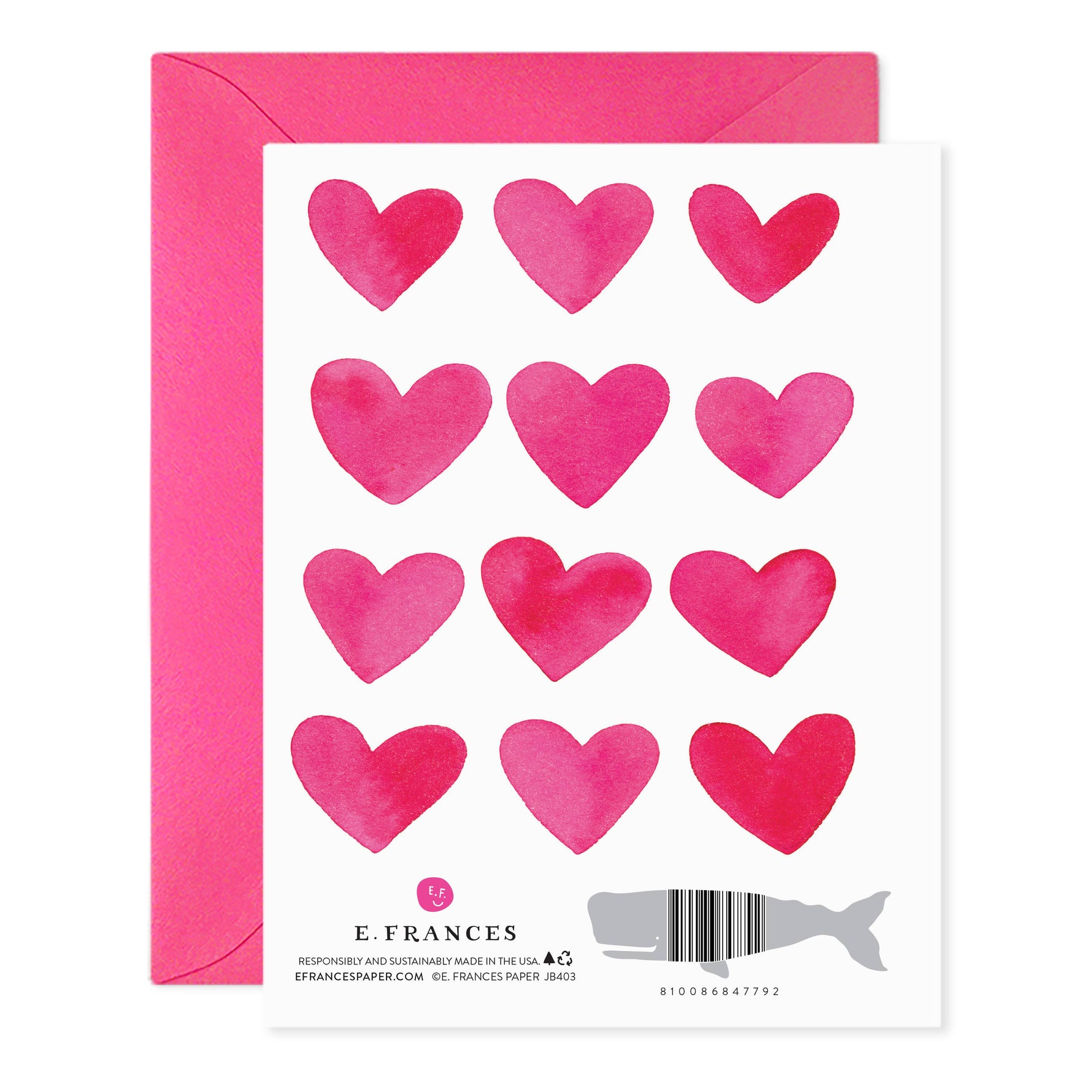Greeting card back with twelve pink watercolor hearts and a whale shaped barcode