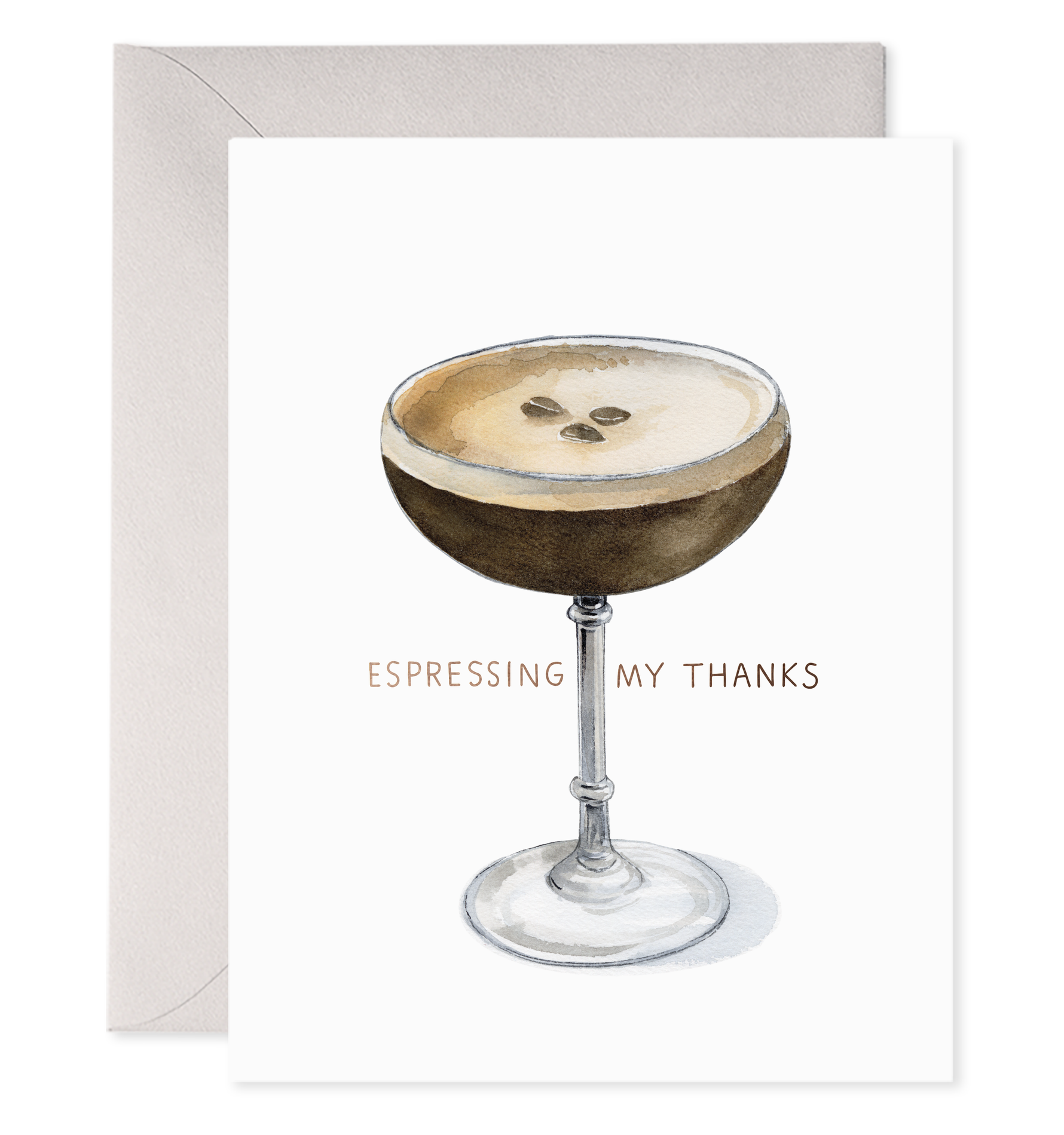 Greeting card with watercolor illustration of an espresso martini and text reading Espressing My Thanks
