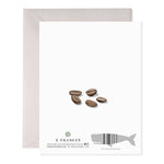 Back of greeting card with watercolor coffee beans and E Frances Paper branding