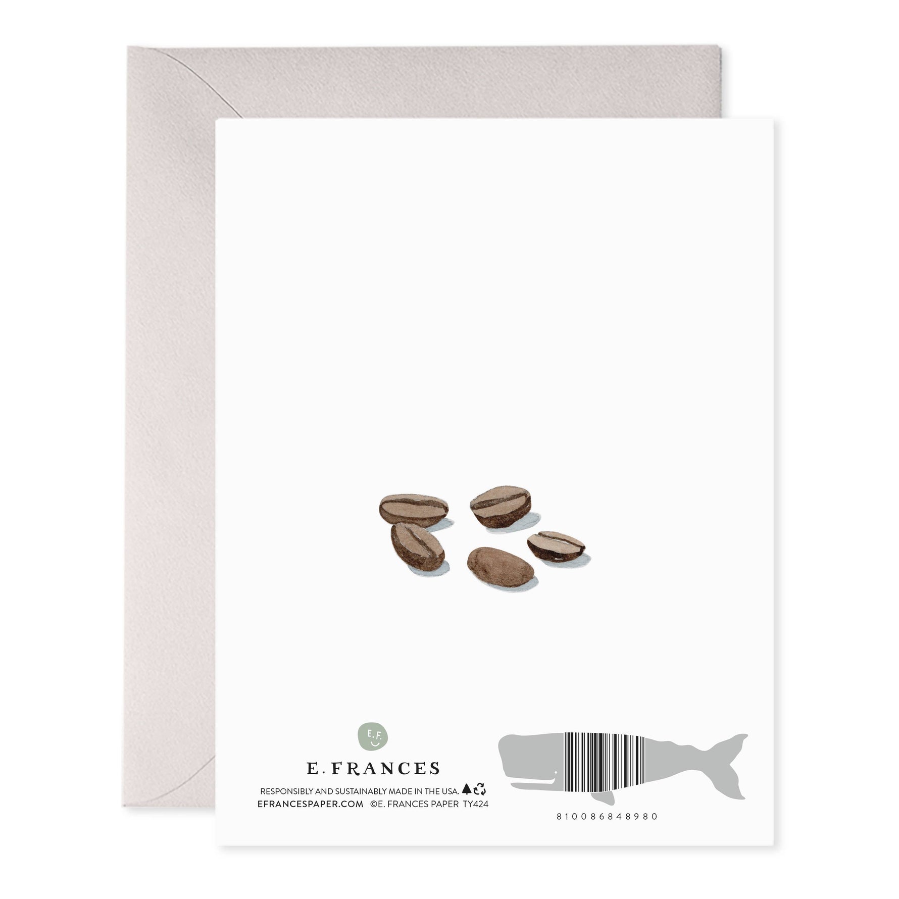 Back of greeting card with watercolor coffee beans and E Frances Paper branding