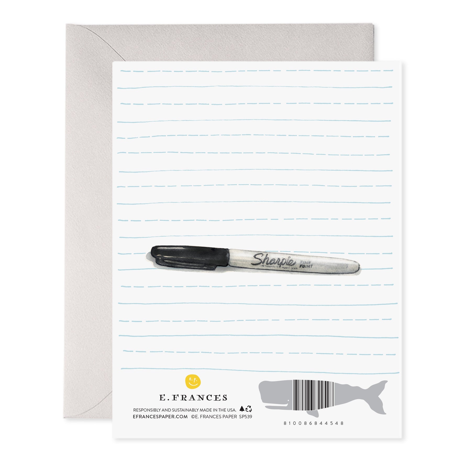 Greeting card back featuring blue lined paper design with a black marker illustration and whale barcode