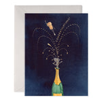 Greeting card with a champagne bottle popping its cork and the text Congratulations