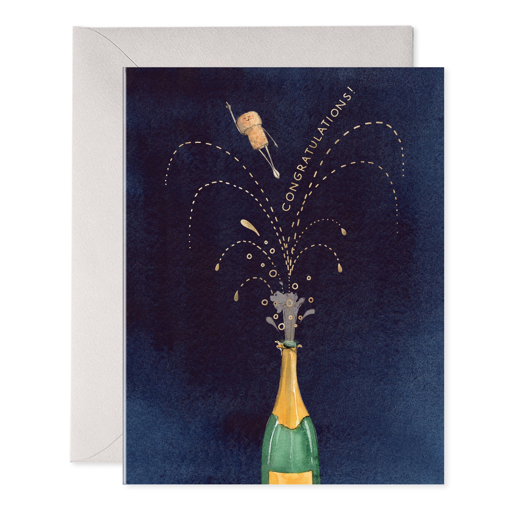 Greeting card with a champagne bottle popping its cork and the text Congratulations