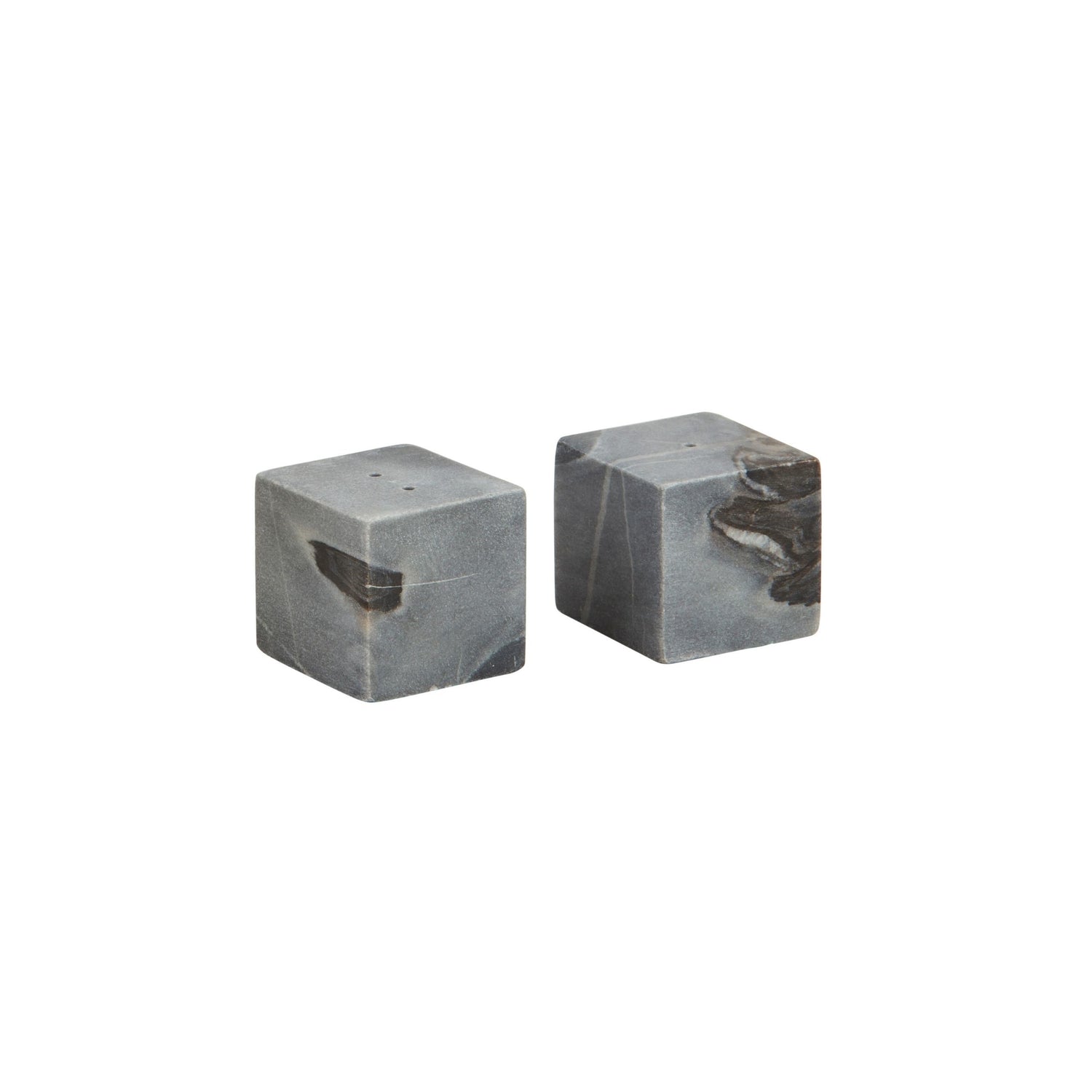 Two grey marble cube salt and pepper shakers