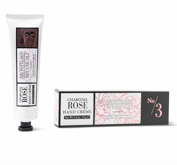 Archipelago Botanicals Charcoal Rose hand creme tube and box packaging