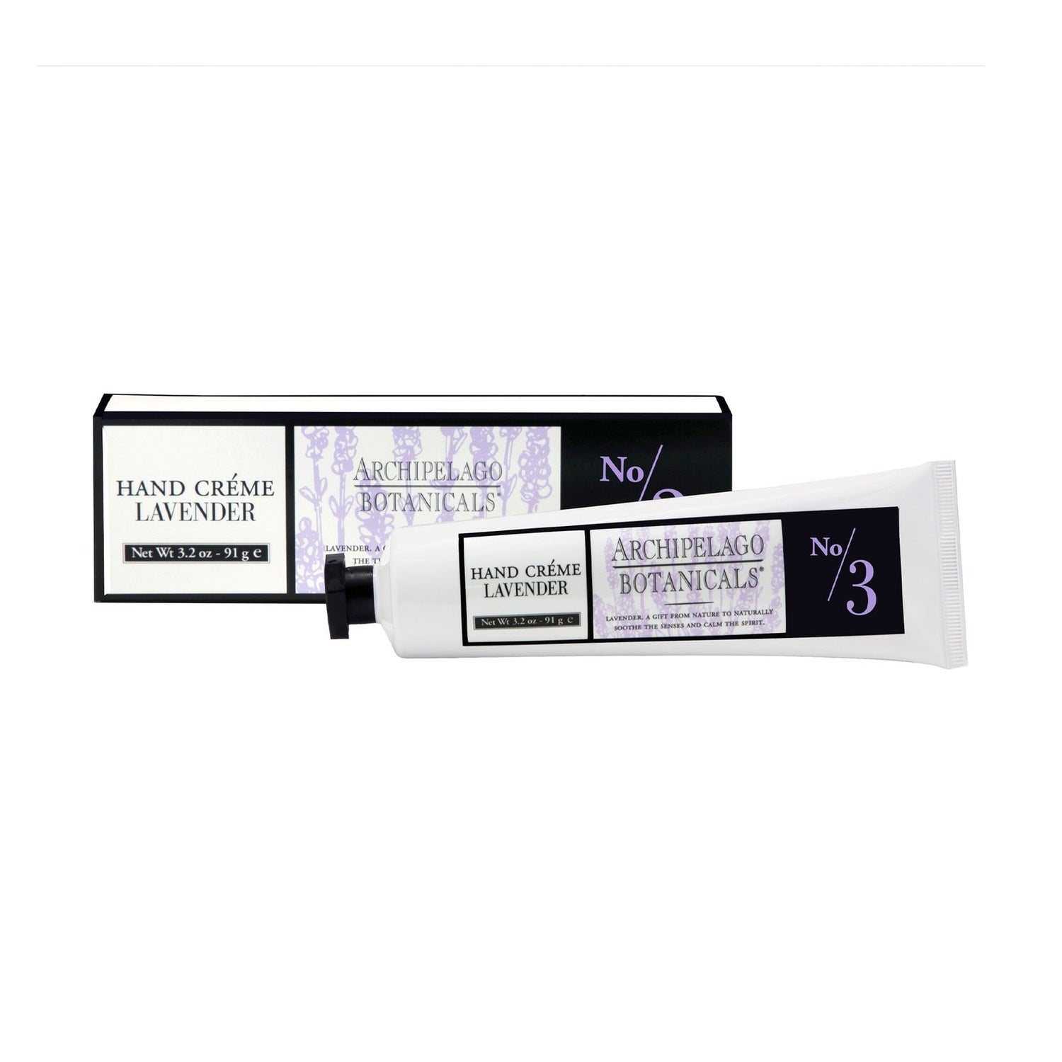 Lavender Hand Crème packaging with tube and box on a white 