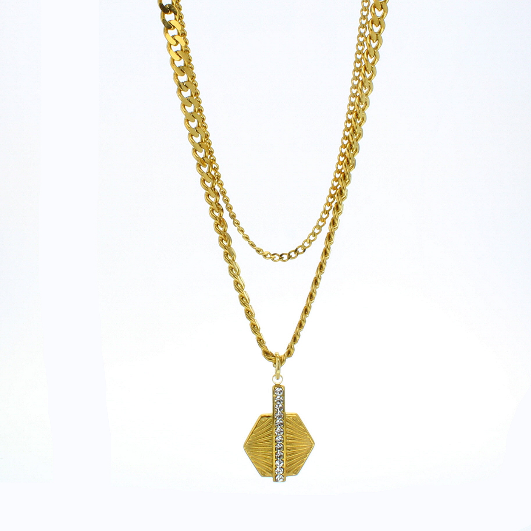 Gold-tone metal jewelry layered necklace showcased on a white background featuring mixed curb and rope chains with a fan-textured hexagonal pendant highlighted by a vertical row of sparkling clear crystals