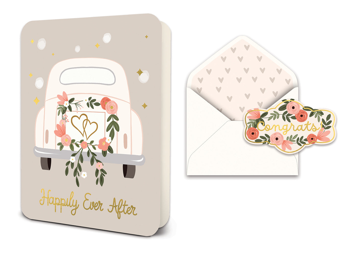 Wedding greeting card with a car illustration and matching envelope with floral sticker