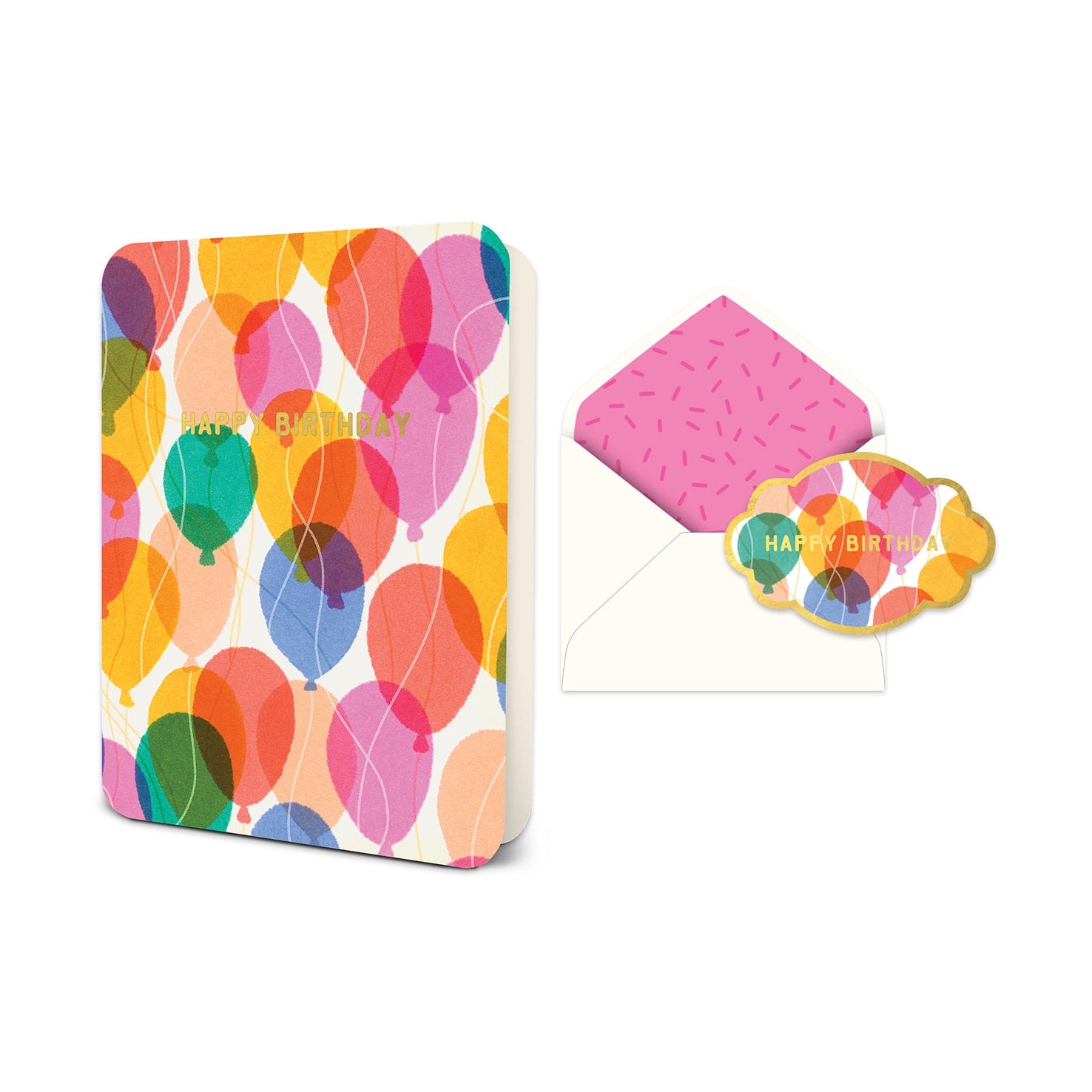 Happy Birthday greeting card with colorful balloon pattern and matching envelope with pink sprinkle lining