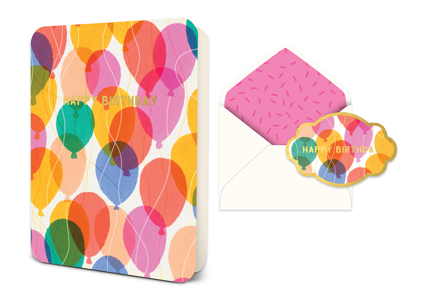 Birthday card with colorful balloon pattern and matching envelope with pink sprinkle lining
