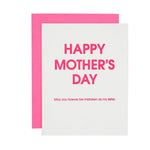 Greeting card showing a white card with bold hot pink lettering for HAPPY MOTHER'S DAY and the smaller phrase May you forever be mistaken as my sister, set against a vibrant pink envelope