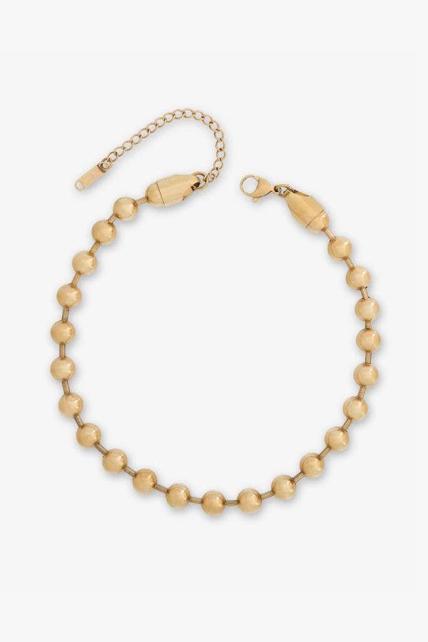 Gold jewelry, a polished ball chain bracelet featuring uniform spherical beads, a classic lobster claw clasp, and an adjustable extender chain