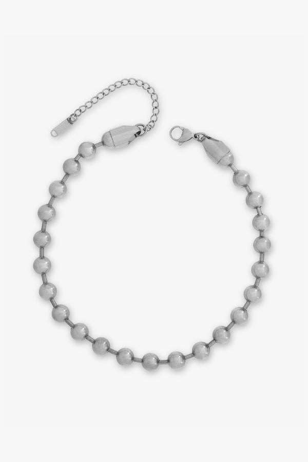 Silver-toned metal bead chain bracelet with a lobster clasp and extension chain on a white background