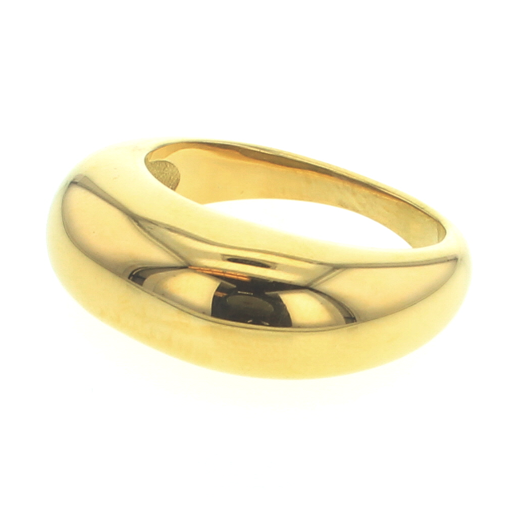 Highly polished yellow gold ring with a fluid dome shape and minimalist sculptural design