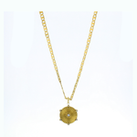 Gold necklace with a mariner link chain and a circular sunburst medallion pendant featuring a prominent central diamond surrounded by smaller accent diamonds