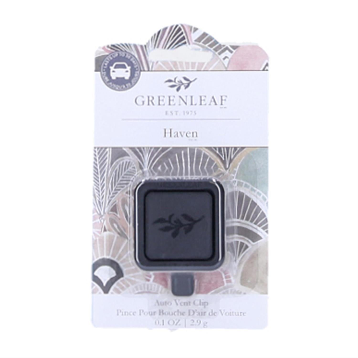 Greenleaf Haven car vent clip air freshener in retail packaging