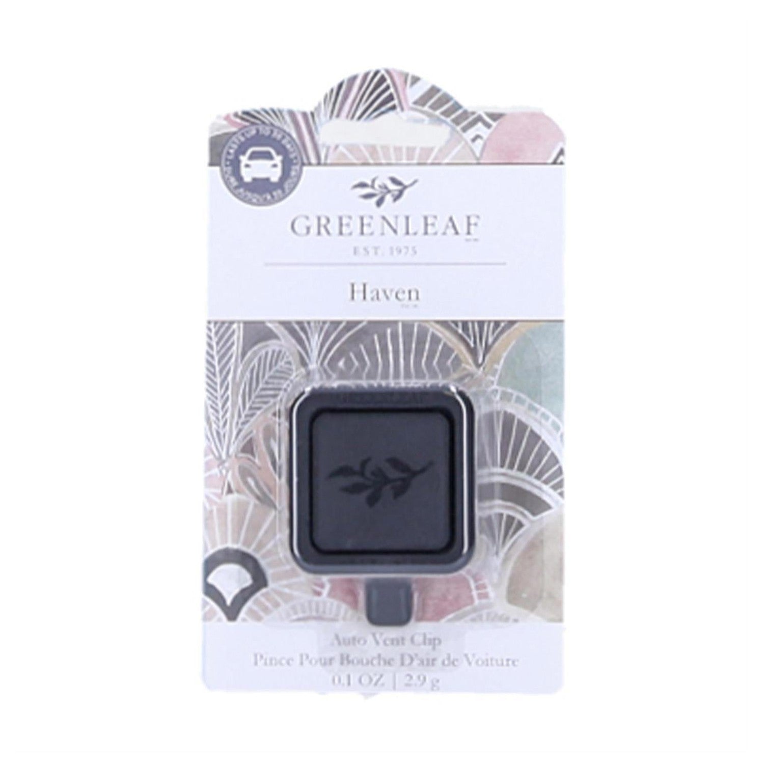 Greenleaf Haven car vent clip air freshener in packaging