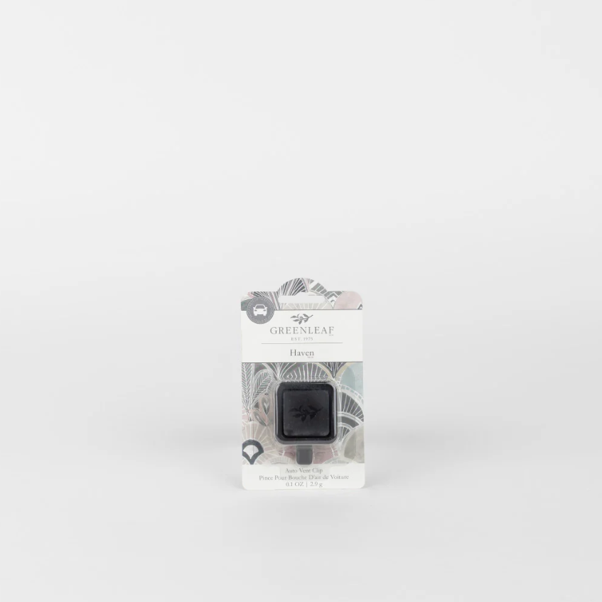 Greenleaf Haven scented car vent clip in retail packaging