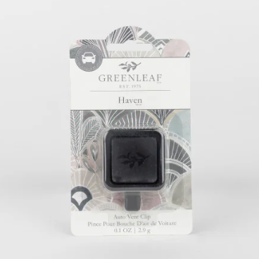 Greenleaf Haven scented auto vent clip in retail packaging